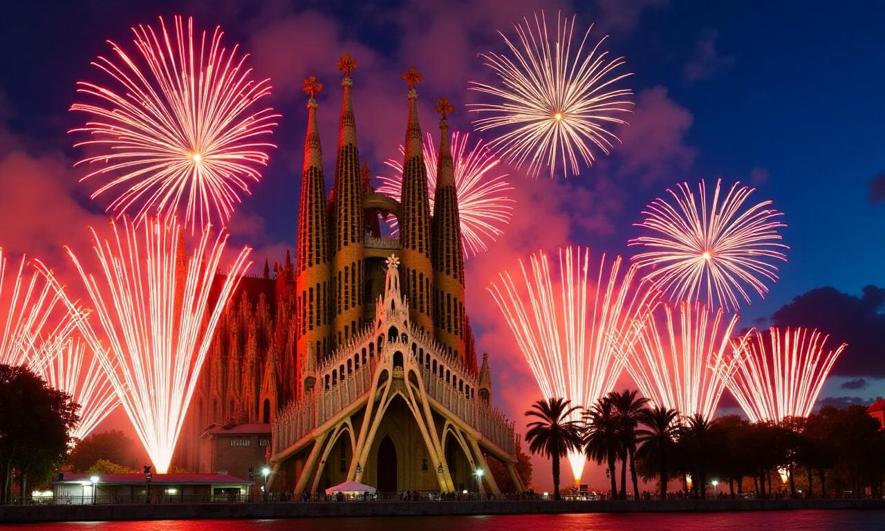 Fireworks illuminate Barcelona’s Sagrada Família during Pope visit